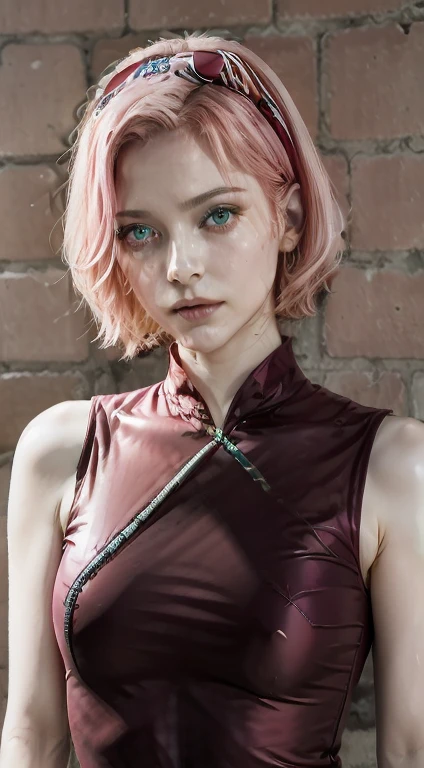 young woman, short shoulder-length pink hair, wide forehead, porcelain skin, pink eyebrows, big emerald green eyes, buttoned nose, full lips, heart-shaped face, slender body, small breasts, red tank top, Sakura Haruno , realistic, realism, details, 3d, well detailed
