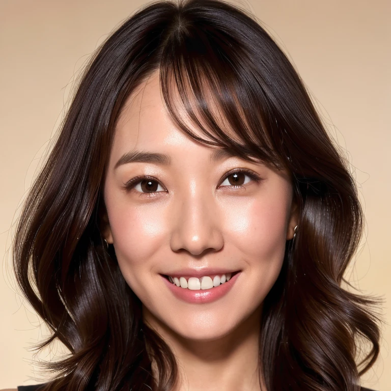 (Beautiful woman, high resolution, wallpaper 8K screen, highest quality, real, ultra-definition, exquisite and perfect dynamic composition, (one Japanese woman), (35 years old), (realistic skin texture), (full skin Fine lines: 1.3), (Dull skin: 1.1), (Skin without moisture: 1.2), (Wrinkles on the face: 0.9), (Wrinkles around the skin), Double eyelids, tear bags on the lower eyelids, Look at me Smiling, straight gaze, (dimples: 1.2), sharp eyes, beautiful black eyes, short bangs, long hair, (Long hair with waves at the ends), (close up of face),