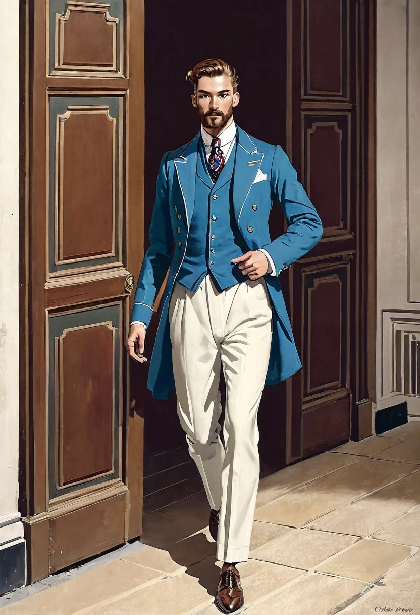 un homme, 1metre75, caucasien, brun, cheveux courts, chemise blanche, pantalon de costume, mocassins, marche, dans le couloir, of his company, le longs des portes, des bureaux ouvertes 