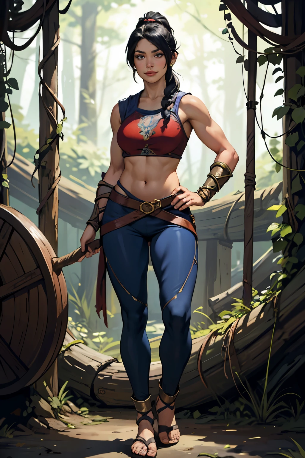 Barbarian Druid outfit, woodland armor, flowers and vines made into an outfit, Solo, female, slightly muscular, slightmuscle, big blue eyes, fantasy outfit, forest, pants, cropped jacket, modest clothingBlack hair, Black curly long hair in a ponytail, light eyes, tall and Toned woman, Barbarian woman, full body, aesthetic, beautiful woman,fantasy clothing, (masterpiece, best quality:1.2), solo, 1girl, smile, looking at viewer, ponytail, sandals, bare arms, no sleeves, red and blue outfit, cargo pants