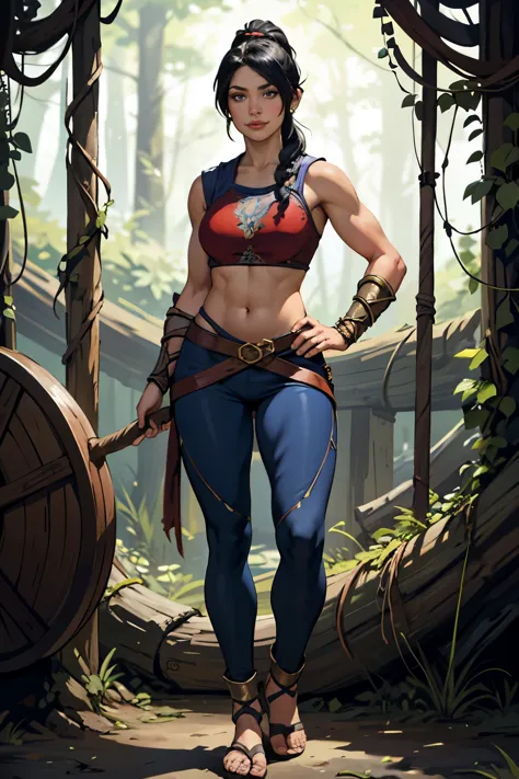 Barbarian Druid outfit, woodland armor, flowers and vines made into an outfit, Solo, female, slightly muscular, slightmuscle, bi...
