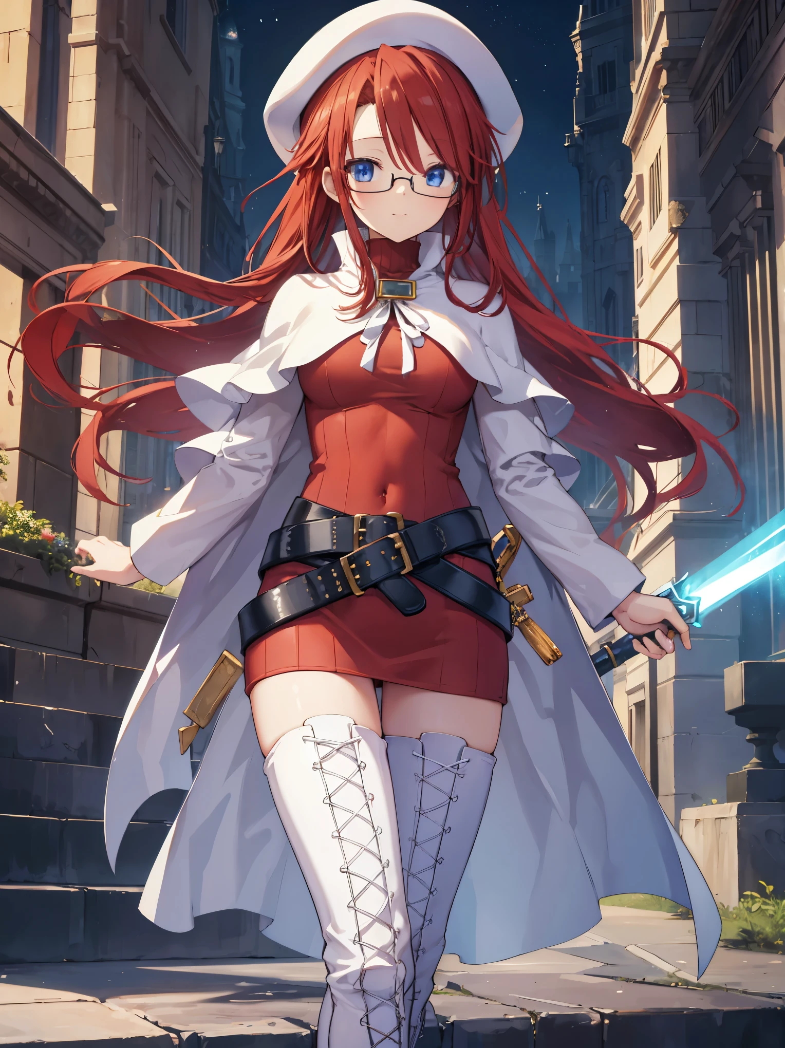 pov,summonnightaty, aty, (young:1.3),long hair, blue eyes, red hair, beret, hat, glasses,
BREAK long hair, thighhighs, hat, dress, boots, glasses, belt, cape, sweater, zettai ryouiki, beret, thigh boots, white footwear, ribbed sweater, loose belt,solo,
BREAK outdoors, fantasy,on_a_ship,
BREAK (masterpiece:1.2), best quality, high resolution, unity 8k wallpaper, (illustration:0.8), (beautiful detailed eyes:1.6), extremely detailed face, perfect lighting, extremely detailed CG, (perfect hands, perfect anatomy),covered_nipples,covered_navel,light_smile ,(half_eyes:1.4),sword,armpit,sleepy,dynamic_standing,barrel,red_sweater,apart_legs,magical_effect,focus_breasts,