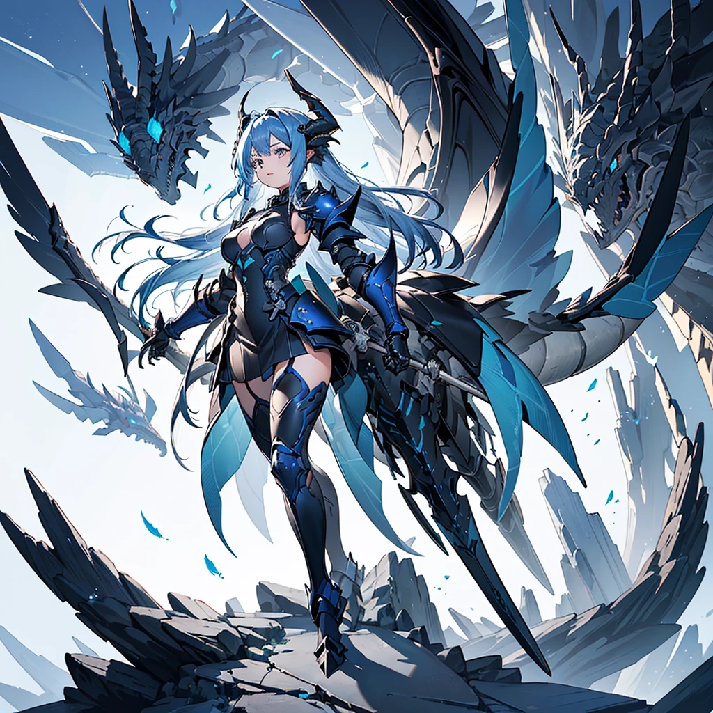 ((high resolution　Blue Hair　long髪　Black Armor　Dragon Knight　Lonely　despair))　((night　Western style　chest　Shining Aura　gloves))　(Big feather　Dance　Blade of Light　Holding a spear　long　Slashing)　night　thunder　star　Slashing　Catch the wind　