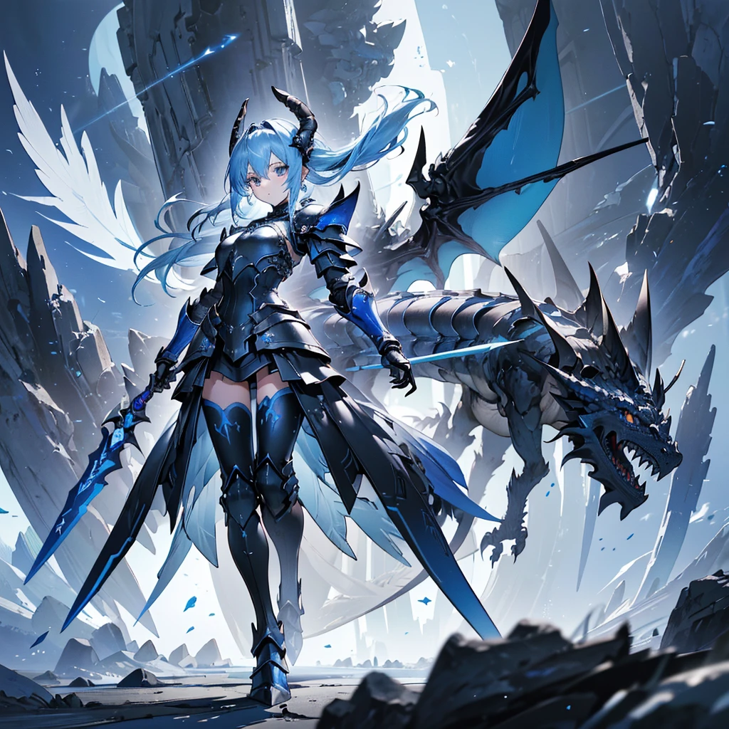 ((high resolution　Blue Hair　long髪　Black Armor　Dragon Knight　Lonely　despair))　((night　Western style　chest　Shining Aura　gloves))　(Big feather　Dance　Blade of Light　Holding a spear　thunder　long　Slashing)　night　star　Slashing　Catch the wind　