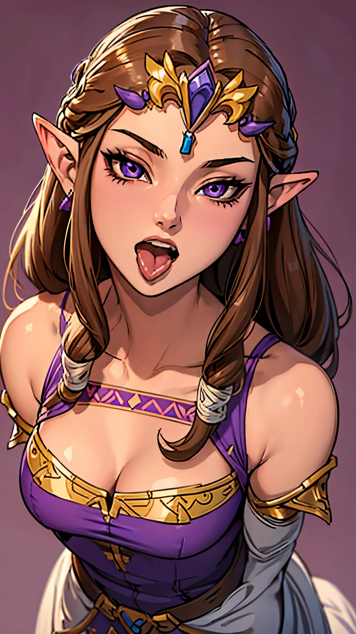 8K haute qualité, Haute précision, princesse zelda, Beau figure, Beau face, Princesse Crépuscule, Beau, brillant, reflets dans les yeux, petites oreilles, cheveux bruns, Beau line drawing. bouche ouverte, langue qui sort, fond violet,