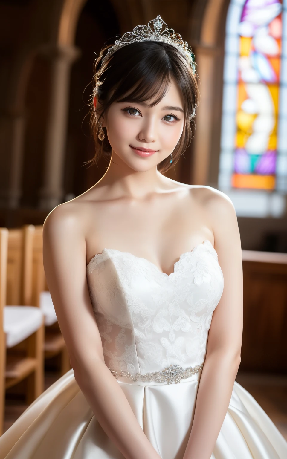 (highest quality:1.5)、(Realistic:1.5)、(1 person:1.5)、(Medium Shot:1.5)、Very detailed、High resolution、8k wallpaper、、Normal milk、Natural color lips、Cute Smile、Japanese women、20-year-old girl、Beautiful and elegant face、Perfect and beautiful face、Large, balanced eyes、Brunette's eyes、Beautiful and elegant face、Beautiful double eyelids、Natural Bangs、Beautiful thin nose、Beautiful Skin、Fair skin、(Medium Bob Hair)、Natural Bangs、Perfect and beautiful face、Slim face and figure、(Looking at the camera with a sweet smile)、Bright lighting、Professional Lighting、Forward lighting、Wedding dress、tiara、(白いオフショルダーのマーメイドラインのWedding dressを着て)、Wedding ceremony in a church with beautiful stained glass、pose for a photo、