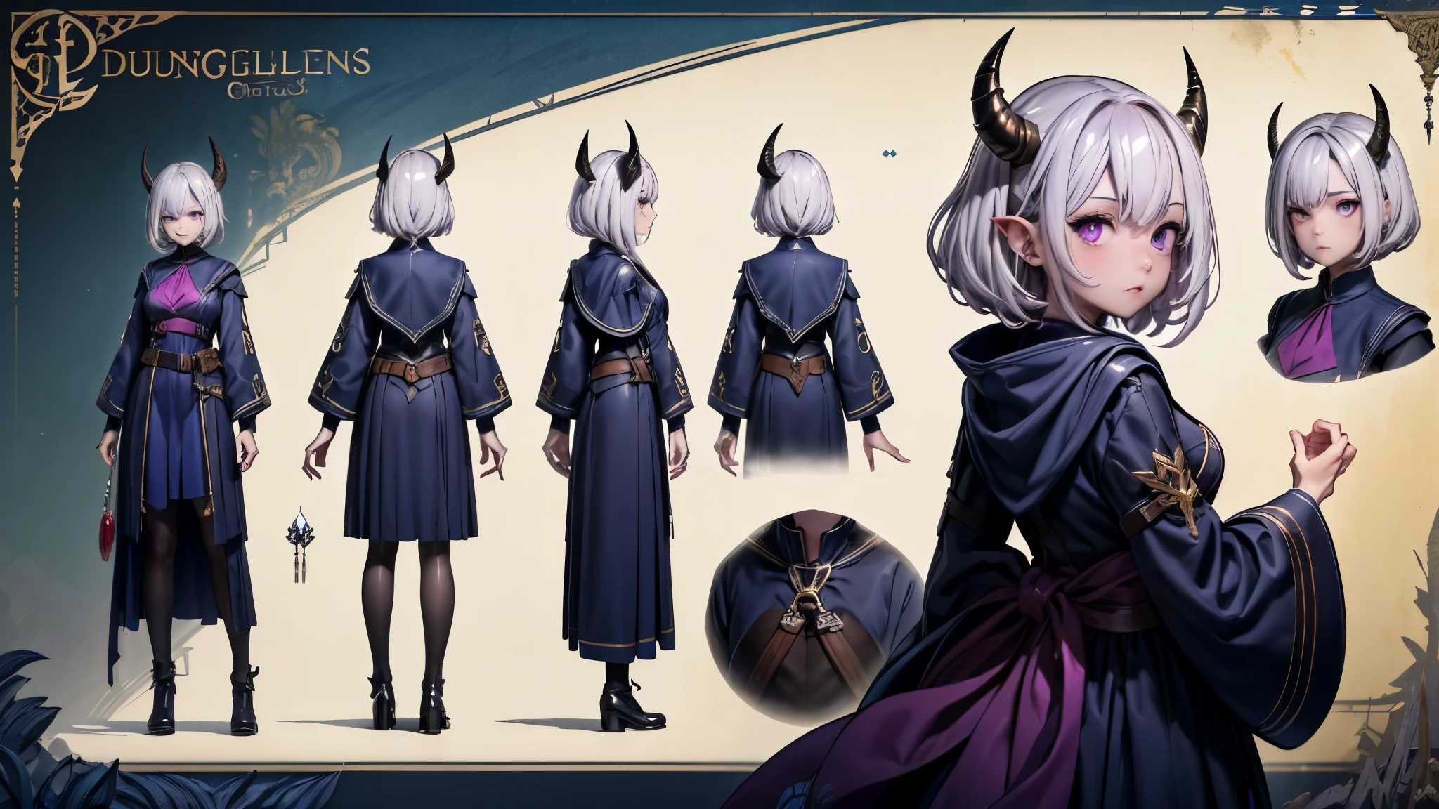 (Masterpiece, best quality), detailed, 1girl, ((character concept art)), ((character design sheet, same character, front, side, back)), many items, (adventurer guild lieder uniform, ex dungeon explorer, royal cloth, many parts), black demon horns, detailed purple eyes, detailed face, different expressions, small B cup , white hair and white skin, detailed hair, formal style haircut, full of details.