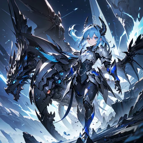 ((high resolution　Blue Hair　long髪　Black Armor　Dragon Knight　Lonely　despair))　((night　Western style　chest　Shining Aura　gloves))　(...