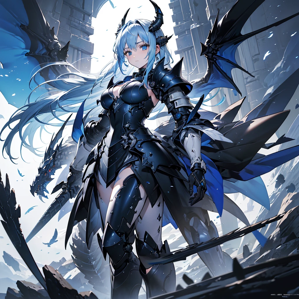 ((high resolution　Blue Hair　long髪　Black Armor　Dragon Knight　thunder　Lonely　despair))　((night　Western style　chest　Shining Aura　gloves))　(Big feather　Dance　long　Slashing)　night　star　Slashing　Catch the wind　