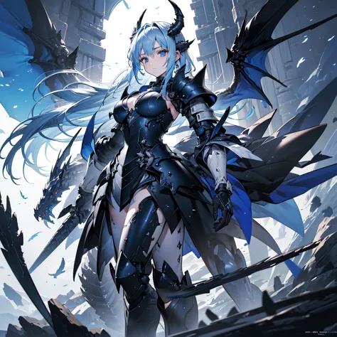 ((high resolution　Blue Hair　long髪　Black Armor　Dragon Knight　thunder　Lonely　despair))　((night　Western style　chest　Shining Aura　gl...