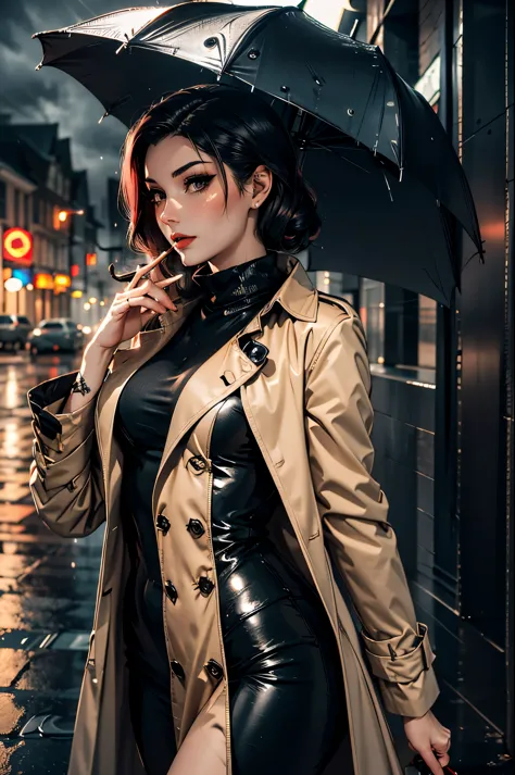 femme fatale, smoking cigarette, beautiful woman, in rain, dark stormy night, trenchcoat, noir