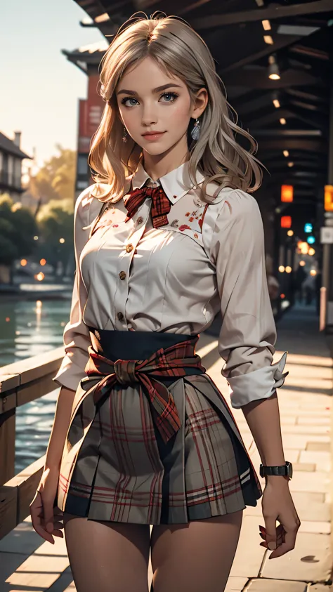 Claude Monet 、Dolceacqua Bridge、wearing Red tartan check miniskirt、wearing Floral blouse、Silver Hair、blue eyes、Long straight hair_Hair reaching down to the waist、shy smile