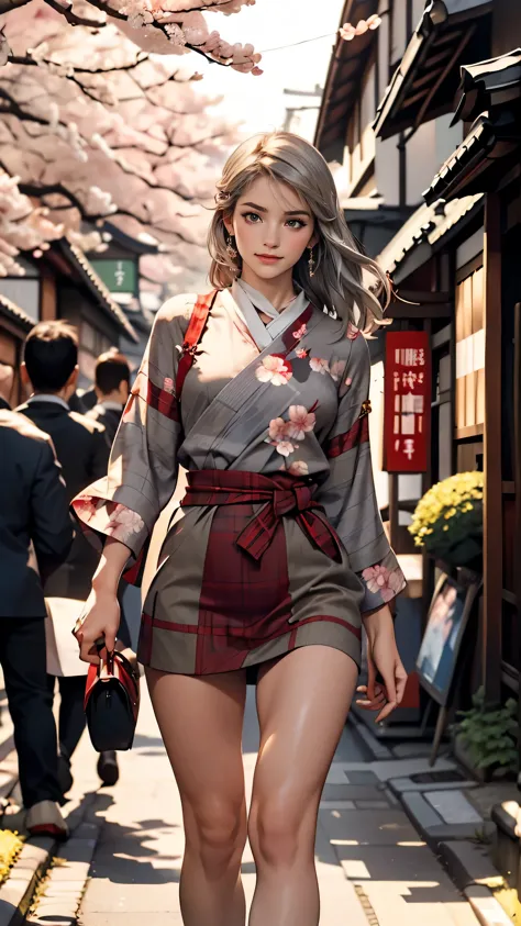 Claude Monet 、walking in Kyoto with cherry blossoms、wearing Red tartan check miniskirt、wearing Floral blouse、Silver Hair、blue eyes、Long straight hair_Hair reaching down to the waist、shy smile