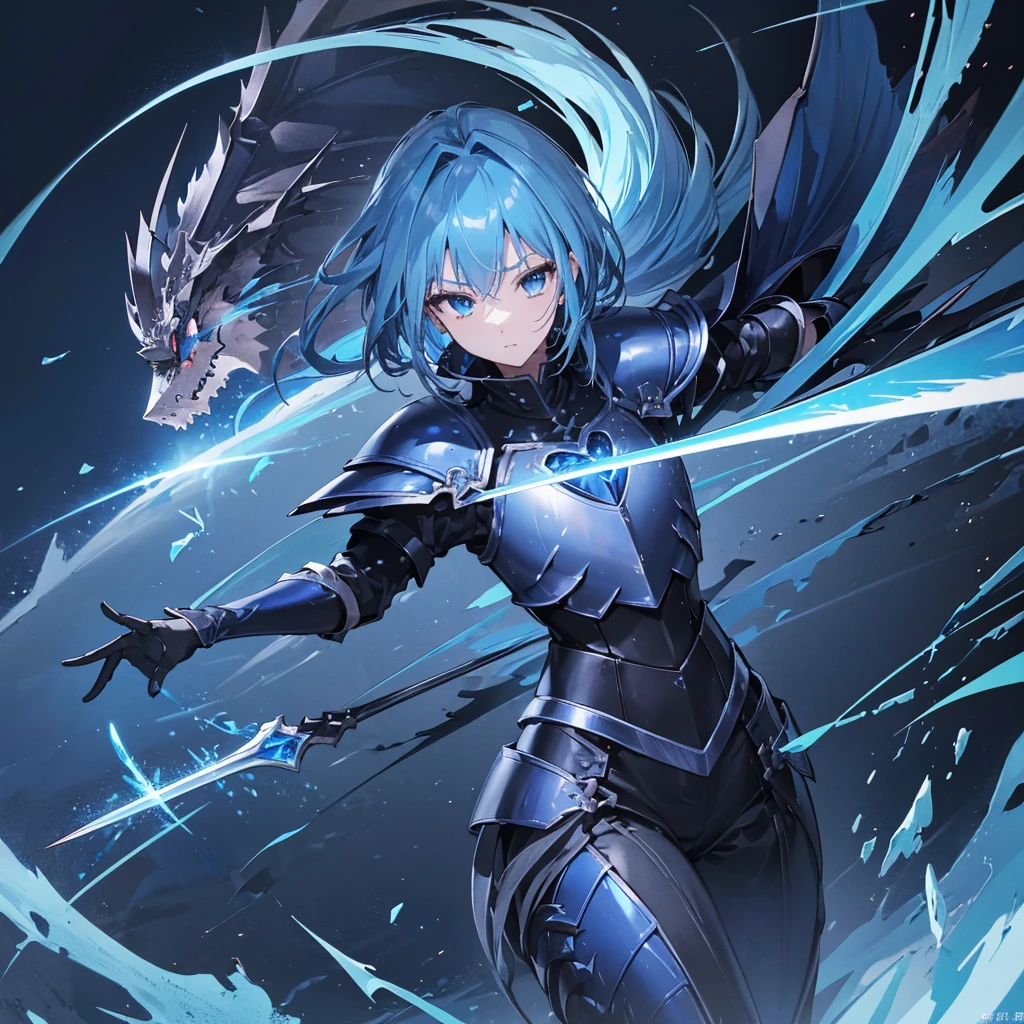 ((high resolution　Blue Hair　long髪　Black Armor　Dragon Knight　Lonely　despair))　((night　Western style　chest　Shining Aura　gloves))　(Big feather　Dance　Blade of Light　Holding a spear　long　Slashing)　night　thunder　star　Slashing　Catch the wind　