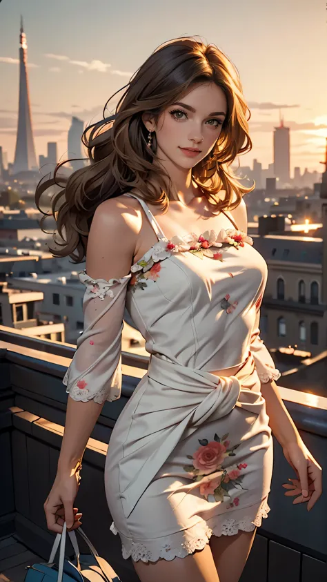 Claude Monet 、standing on a windswept rooftop during sunset, overlooking a cityscape、wearing wearing Big floral mini dress、Super long brown hair,Hair with loose waves insid、blue eyes、Long straight hair_Hair reaching down to the waist、shy smile、full figure ...