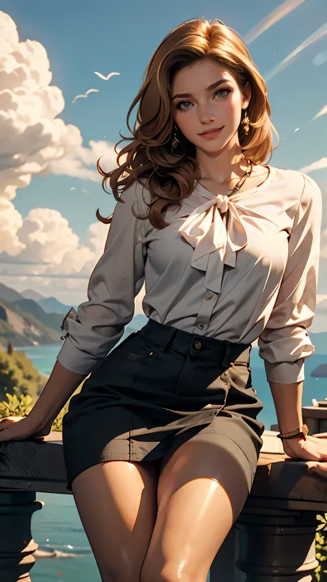 Claude Monet 、sitting with her back to the top of the mountain_with blue sky and white clouds，rays of sunshine、White long sleeve buttoned blouse_Brown tweed mini skirt,Super long brown hair,Hair with loose waves insid、blue eyes、Long straight hair_Hair reac...