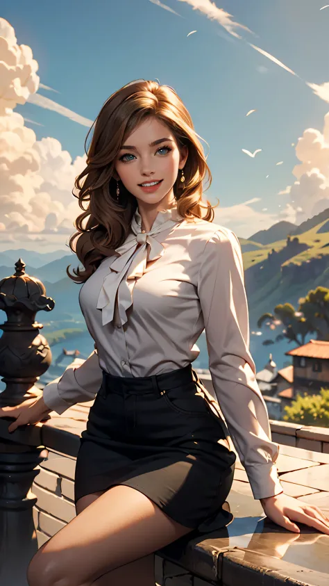 Claude Monet 、sitting with her back to the top of the mountain_with blue sky and white clouds，rays of sunshine、White long sleeve buttoned blouse_Brown tweed mini skirt,Super long brown hair,Hair with loose waves insid、blue eyes、Long straight hair_Hair reac...