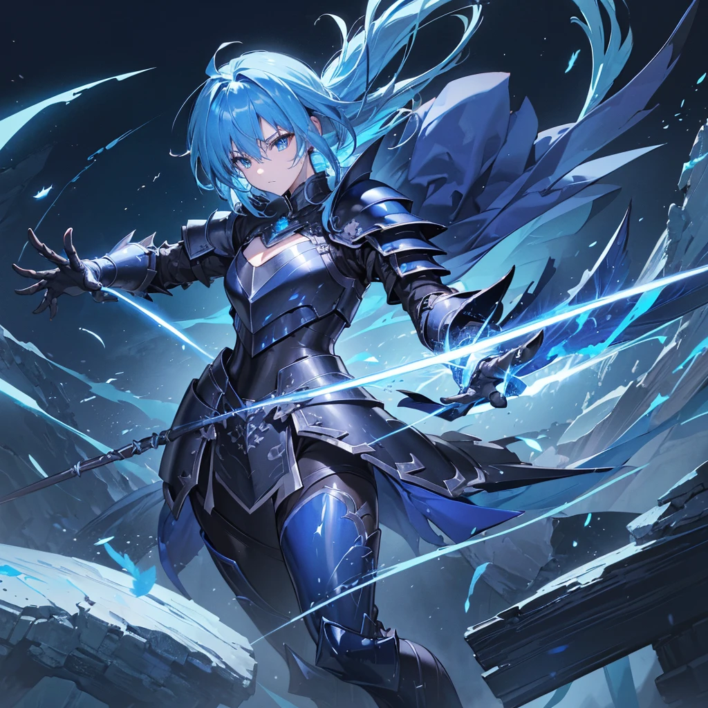 ((high resolution　Blue Hair　long髪　Black Armor　Dragon Knight　thunder　Lonely　despair))　((night　Western style　chest　Shining Aura　gloves))　(Big feather　Dance　Blade of Light　Holding a spear　long　Slashing)　night　thunder　star　Slashing　Catch the wind　