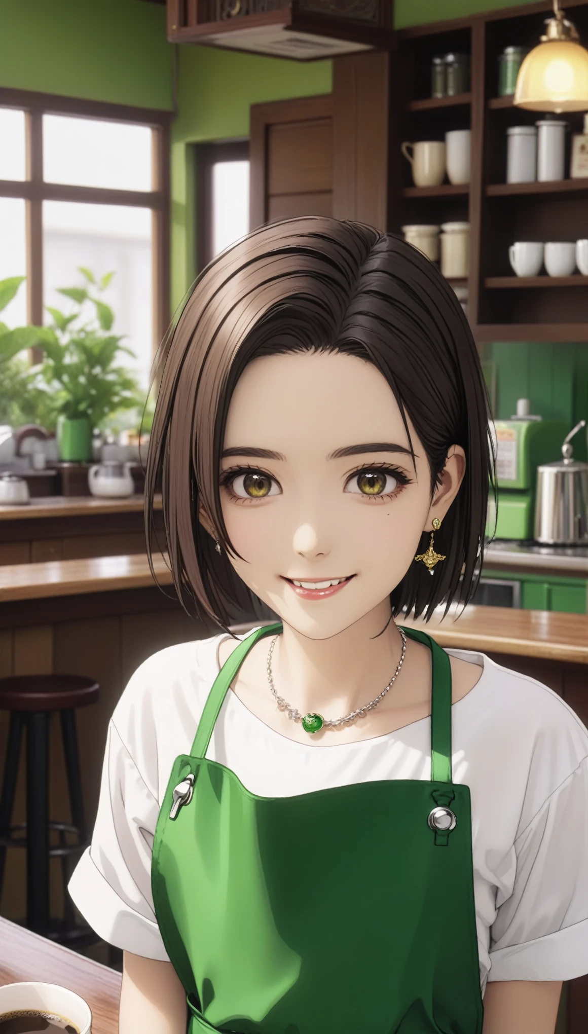 (masterpiece, best quality, very aesthetic, ultra detailed), intricate details,
1girl, kotohadef, short hair, mole, earrings, jewelry, collarbone, white shirt, green apron, smile, cafe, cup, looking at viewer,