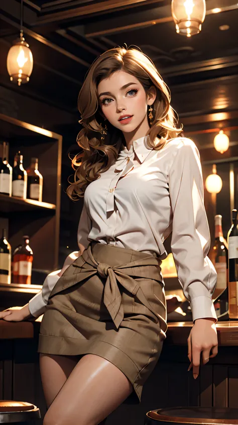 Claude Monet 、Sits on a bar chair by the counter in a seductive pose in a stylish bar at night、White long sleeve buttoned blouse_Brown tweed mini skirt,Super long brown hair,Hair with loose waves insid、blue eyes、Long straight hair_Hair reaching down to the...
