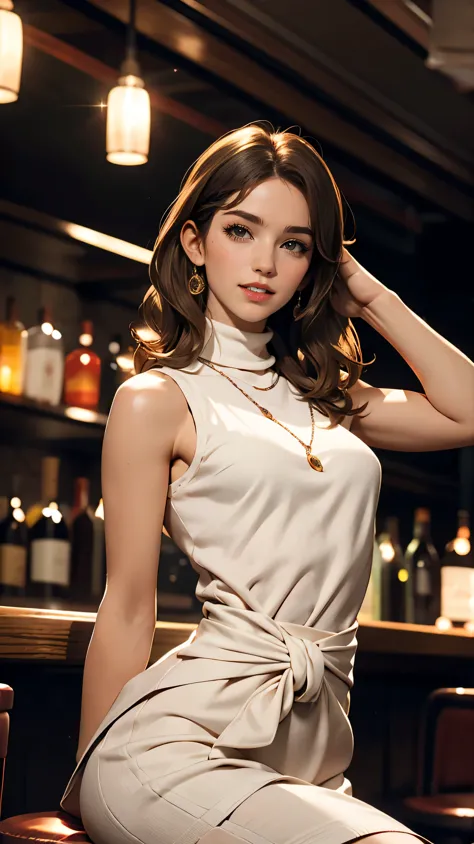 Sits on a bar chair by the counter in a seductive pose in a stylish bar at night、wearing a sleeveless turtleneck white knit dress,Super long brown hair,Hair with loose waves insid、black eye、Long straight hair_Hair reaching down to the waist、shy smile、full ...