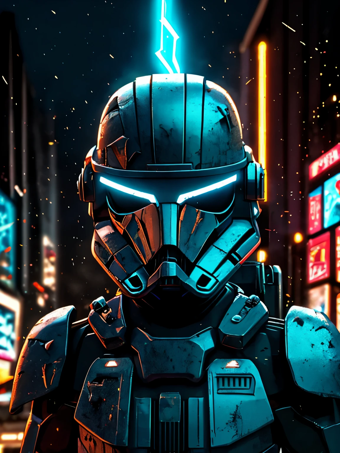 retrato sombrio de Zombie Stormtrooper de Star Wars, extremamente detalhado, paisagem urbana futurista, período noturno, luzes de néon brilhantes, fumaça, faíscas, Lascas de metal, detritos voadores, efeitos de energia azul, luz volumétrica