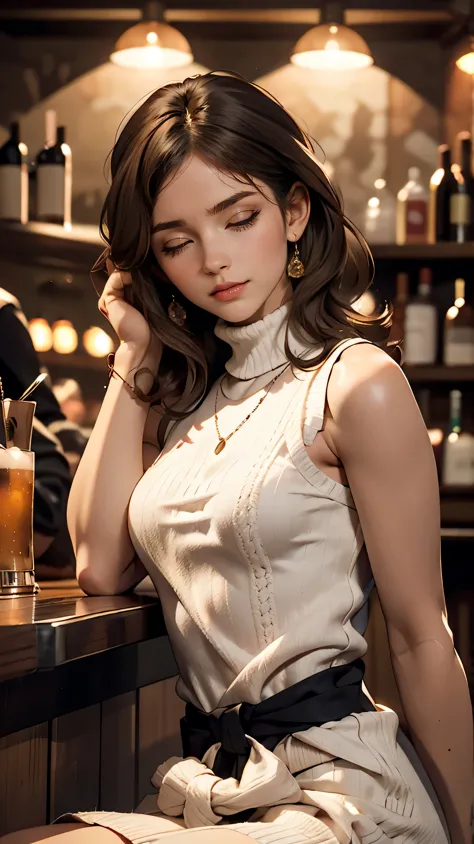 Sits on a bar chair by the counter in a seductive pose in a stylish bar at night、wearing a sleeveless turtleneck white knit dress,Super long brown hair,Hair with loose waves insid、black eye、Long straight hair_Hair reaching down to the waist、full figure sup...