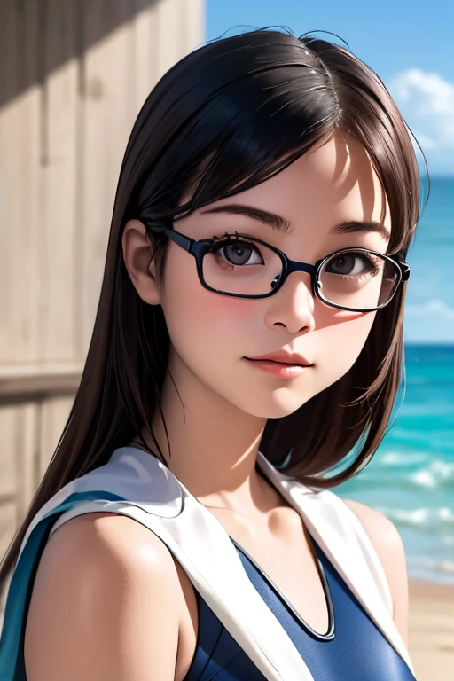 (masterpiece, highest quality), One Girl,  Satou, Satou, Glasses, 赤いフレームのGlasses, School Swimsuit:1.5, Satou, Glasses, 赤いフレームのGlasses, Swimsuit,Summer sea,Beach:1.4, 