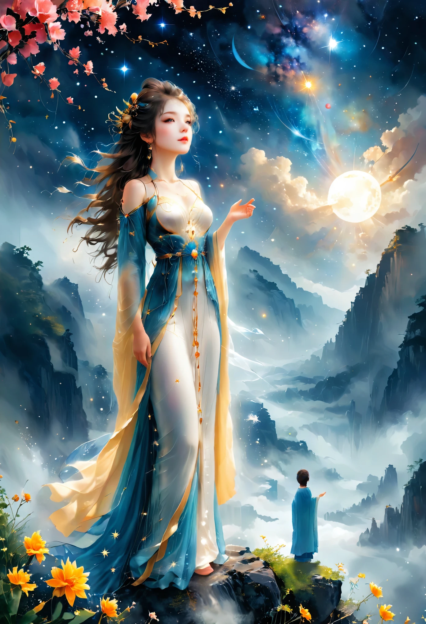 Estilo de ilustración de Cai GuoRUN, 1 chica, Una mujer con un vestido largo se alza sobre un acantilado y mira el cielo estrellado, Diosa del espacio, Diosa de la Vía Láctea, Diosa del cielo, astral etéreo, sueño, hermoso mago celestial, hermosa pintura de fantasía, hermoso arte de fantasía, fantasía etérea, hermoso arte de fantasía, fantasía de arte digital, Encantador y de otro mundo, Belleza de fantasía, Hermoso arte de Octane，ultra alta definición，luz volumétrica，iluminación suave natural, (ultra delicado:1.2, perder el enfoque:1.2, vistoso, Iluminación de cine, Chiaroscuro,trazado de rayos), Obra maestra, Super rico,Ultra detallado,8k, 1cgrssh1