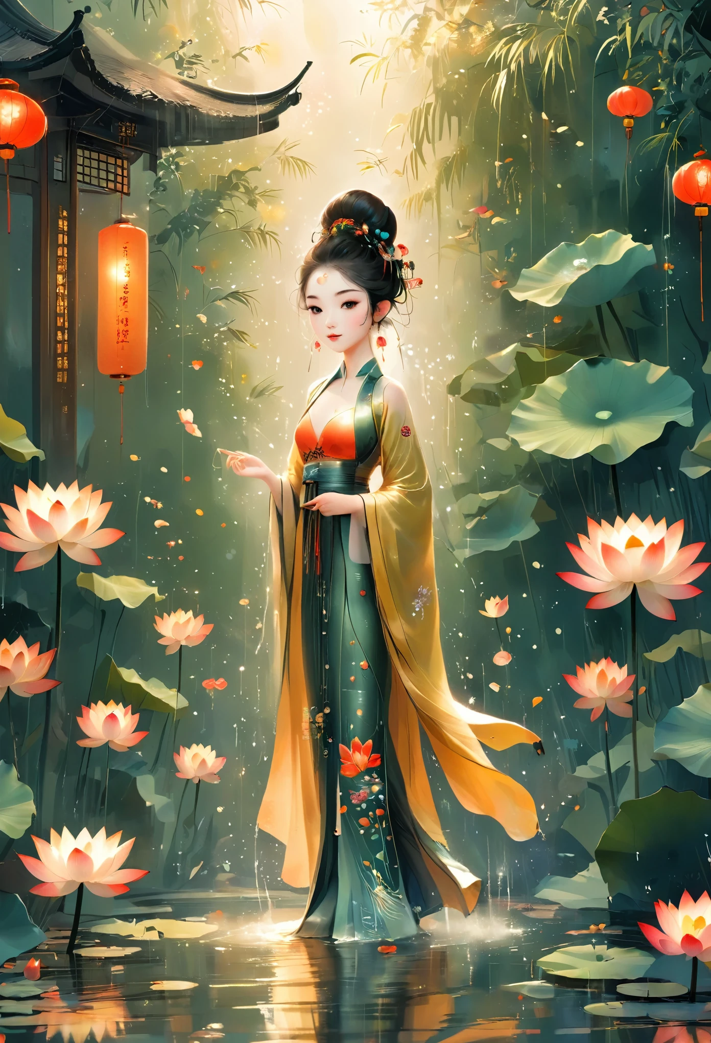 1girl, Flat illustration style, showing the characteristics of beach New Year pictures. Pattern shuttle, lotus stand. The door god, the fairy gathered, the image is bright. Rich colors, exquisite details. Flashing light and shadow, expressing struggle and hope, 1cgrssh1