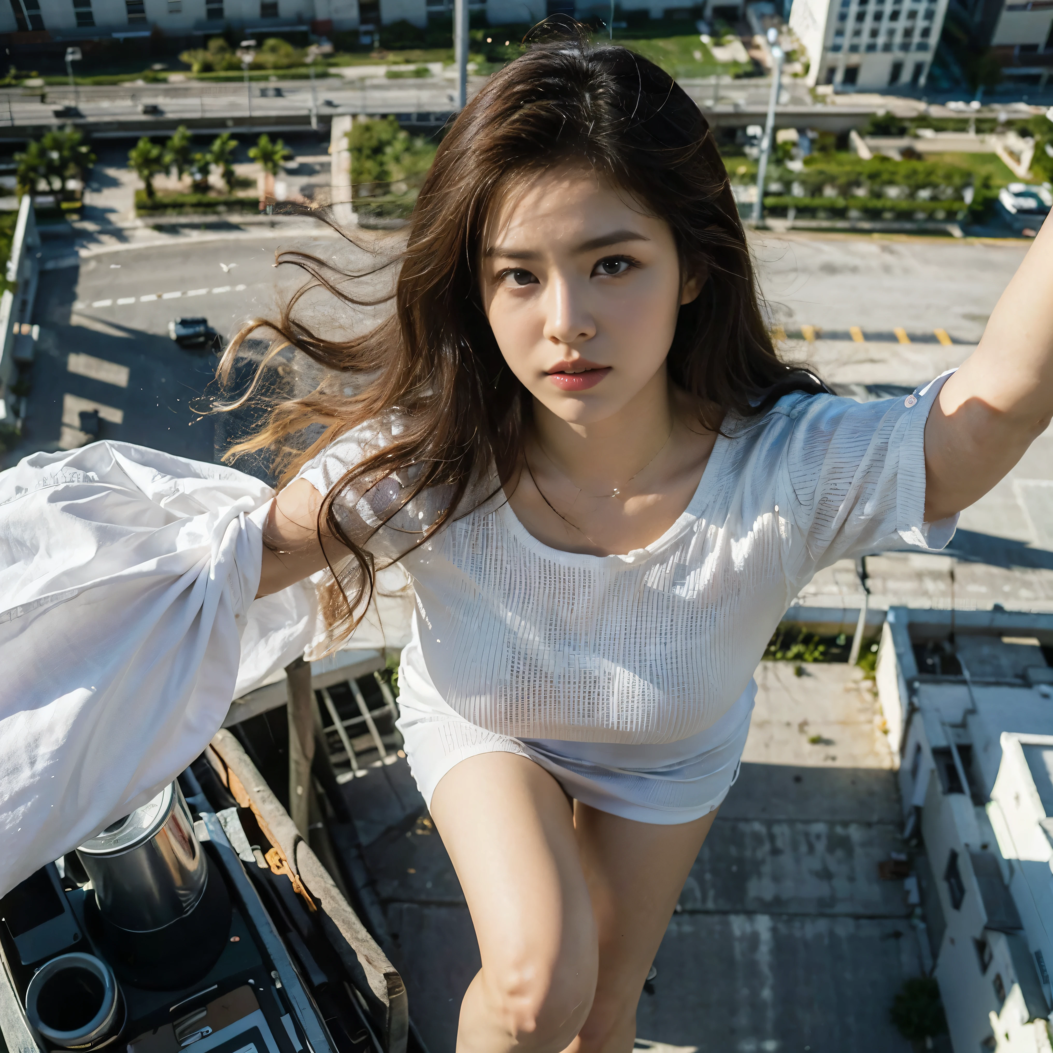 A woman with the supernatural power to fly、Hair blowing in the wind and clothes fluttering in the wind、(Soaring above the big city:1.6)、mynatalee 、 (highest quality、4k、8k、High resolution、masterpiece:1.2)、Super detailed、(Real、Photorealistic、Photorealistic:1.37)、HDR、Bright colors、Portrait、Sharp focus、Studio Lighting、anime、Bright colors