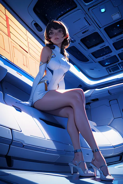 1 chica linda y hermosa, 20 years, de pie en una enorme nave espacial, full of technology and futuristic interior., open vision,...