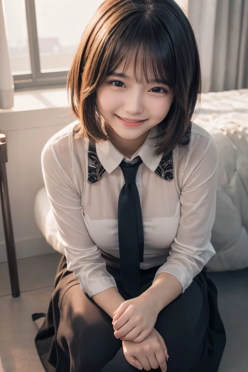 highest quality, masterpiece, Ultra-high resolution, (Reality: 1.4), Original photo, One girl, mature, happy smile, short hair, plump body, , Cinema Lighting, from below