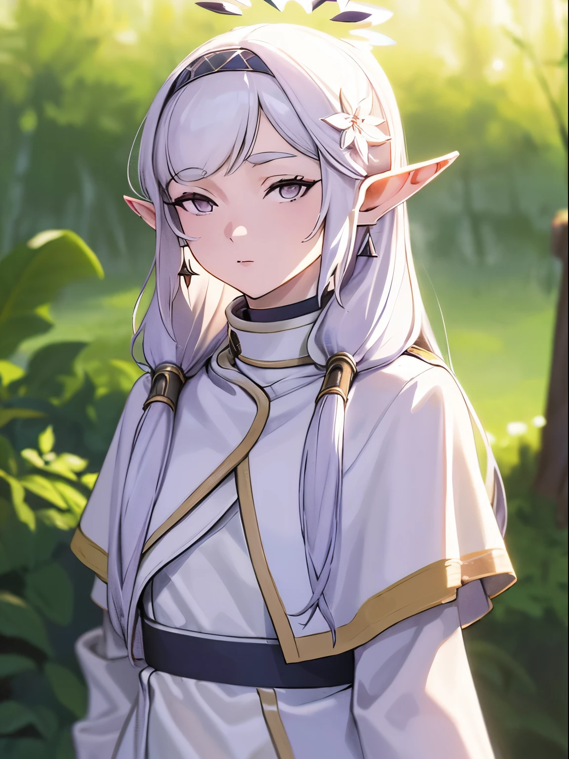 ((masterpiece)), (best quality), highres, realistic, cosplayer, himaridef, earrings, elf, long hair, pointy ears, solo, purple eyes, earrings, white hair, looking at viewer, capelet, white capelet, white sleeves, long sleeves, standing, upper body, outdoor, standing, (frieren:1.1)