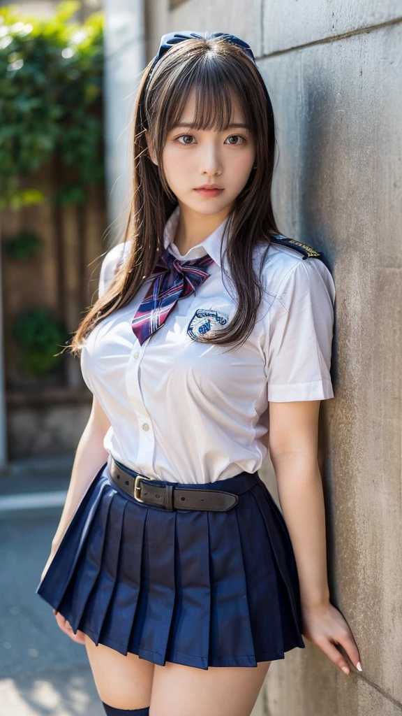 muste piece, best quality, illustration, Super detailed, fine details, High resolution, 8K,wall paper, perfect dynamic composition,(Details High quality, realistic depiction of eyes:1.3), from side, High School Classroom、High school girl uniform、blazer 、Super Short Check Uniform Skirt、Navy blue high socks、garterbelts、Colossal 、Disturbed uniform, short bob hair, black hair color, large breasts, Big Natural Color Lip, bold sexy pose, (perfect body shape), crying a little、cold gaze, Harajuku style、20 year old girl、cute type, beautiful legs, hposing Gravure Idol, Voluptuous thighs