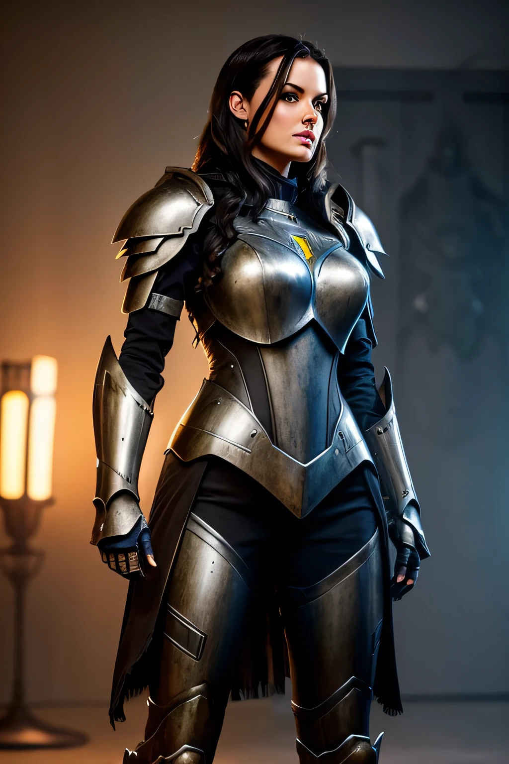 Mulher alta e bonita, com cabelos escuros, vestindo uma armadura robótica altamente realista e detalhada