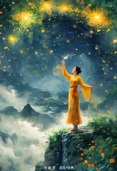 Cai GuoRUN's illustration style, 1girl，A woman in a long skirt stands on a cliff and looks up at the starry sky，Goddess of space，Milky Way Goddess，Goddess of Heaven，Astral Ethereal，dream，Beautiful celestial wizard，Beautiful fantasy painting，Beautiful fanta...