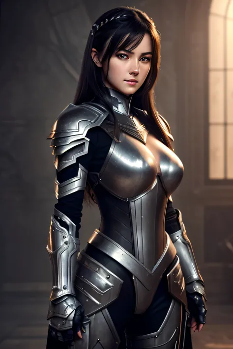Tall beautiful woman with dark hair wearing highly realistic and detailed robotic armor, black eye, Big Breasts､Detailed eyes, D...