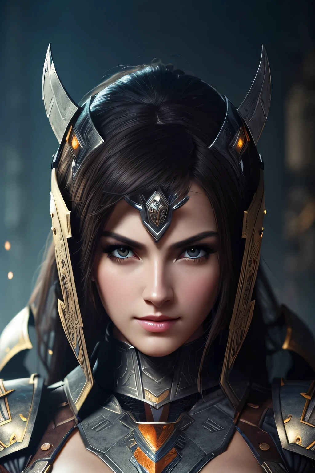 Tall beautiful woman with dark hair wearing highly realistic and detailed robotic armor, black eye, Big Breasts､Detailed eyes, Detailed face, 4k, 8k, Cinematic shots, Upper body portrait、masterpiece, 最high quality, high quality, High resolution, 