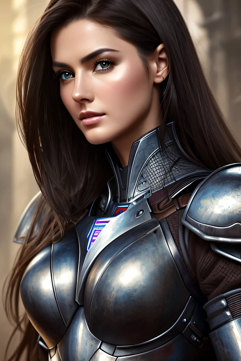 Tall beautiful woman with dark hair wearing highly realistic and detailed robotic armor, Upper body portrait、masterpiece, 最high quality, high quality, High resolution, Face close-up､
