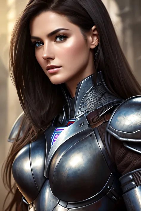 Tall beautiful woman with dark hair wearing highly realistic and detailed robotic armor, Upper body portrait、masterpiece, 最high ...