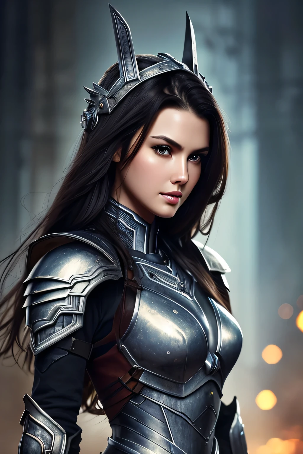 Tall beautiful woman with dark hair wearing highly realistic and detailed robotic armor, Upper body portrait、masterpiece, 最high quality, high quality, High resolution, Face close-up､
