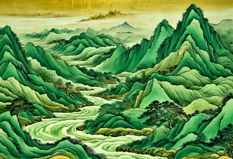 NVSII an ancient landscape painting, ink painting, green montain, flowing lines, golden line, the minimalist style, prints, 4K, ...