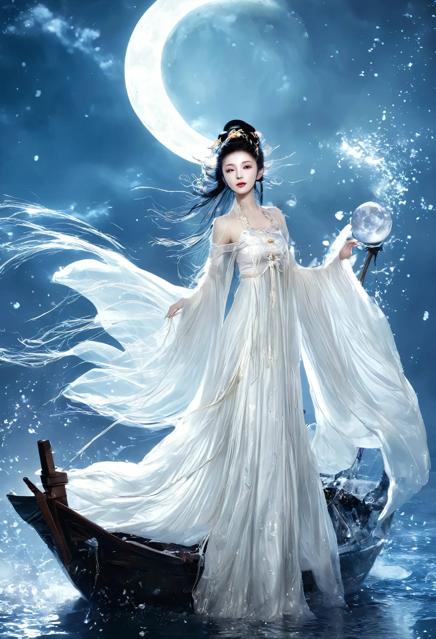 Anime girl in a white dress floating a boat in the water，Fantasy，Moon Goddess，Beautiful fantasy queen,  by Yang J, Chinese Fantasy，Beautiful girl，Sea Queen Mu Yanling，Moon Goddess，Moon Goddess，Flowing magic robe，Beautiful fairy wizard, by Leng Mei, ((a beautiful fantasy empress))