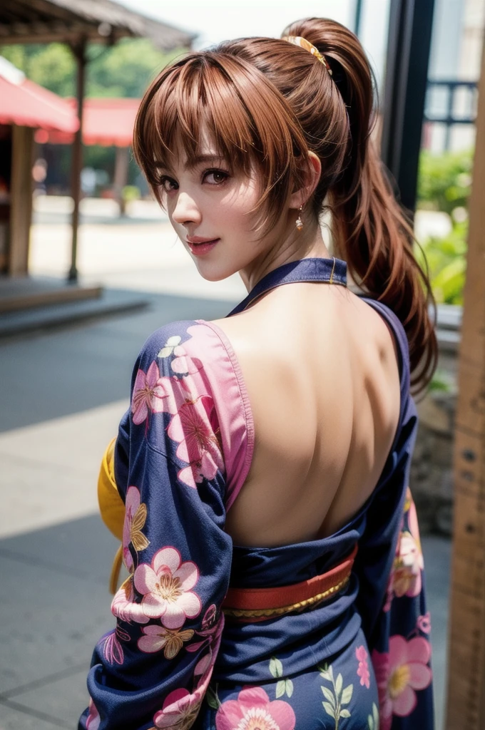 Full body shot of Kasumi, Young Face, Brown Hair, ponytail, wear Kimono, An alley lined with food stalls, Cool colored clothes, Show me your back, alone, I lowered my face in embarrassment., Red cheeks, Embarrassed laugh, A pose with the upper body slightly twisted, Side lighting, Shallow and sharp depth of field,(Very detailed),Realistic, (masterpiece), (High resolution), (8k wallpaper)
