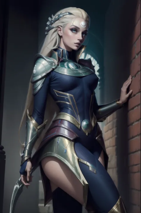 (masterpiece:1.4), (best quality:1.2), diana \(league of legends\), 1girl, bodysuit, armor, makeup