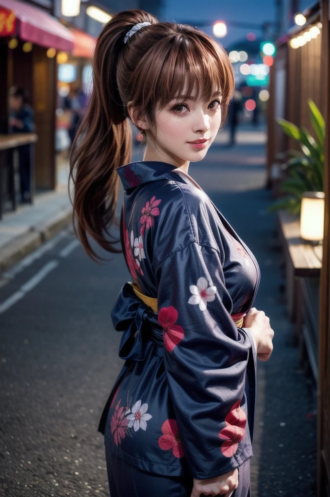 Full body shot of Kasumi, Young Face, Brown Hair, ponytail, ((Festival Square at night, An alley lined with food stalls)), Wear a yukata, A yukata in cool colors, Show me your back in a yukata, alone, I lowered my face in embarrassment., Red cheeks, Embarrassed laugh, A pose with the upper body slightly twisted, Side lighting, Shallow and sharp depth of field,(Very detailed),Realistic, (masterpiece), (High resolution), (8k wallpaper)