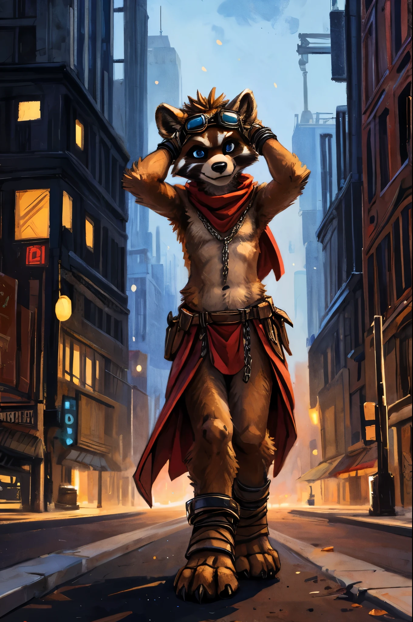 no lighting, deep shadow, dynamic angle, masterpiece, high quality, hi res, solo, young Furry, furry, young, raccoon, spiked brown hair only on head, red scarf, blue eyes, goggles, chain harness, red loincloth, red cape, masterpiece, detail body, fur all over body, detailed face, detailed eyes, detailed hands, Skinny, claws, high resolution, metal cuffs on wrists, metal cuffs on ankles, no shirt, no underwear, city, night, street, walking, hands over head, art by kenket