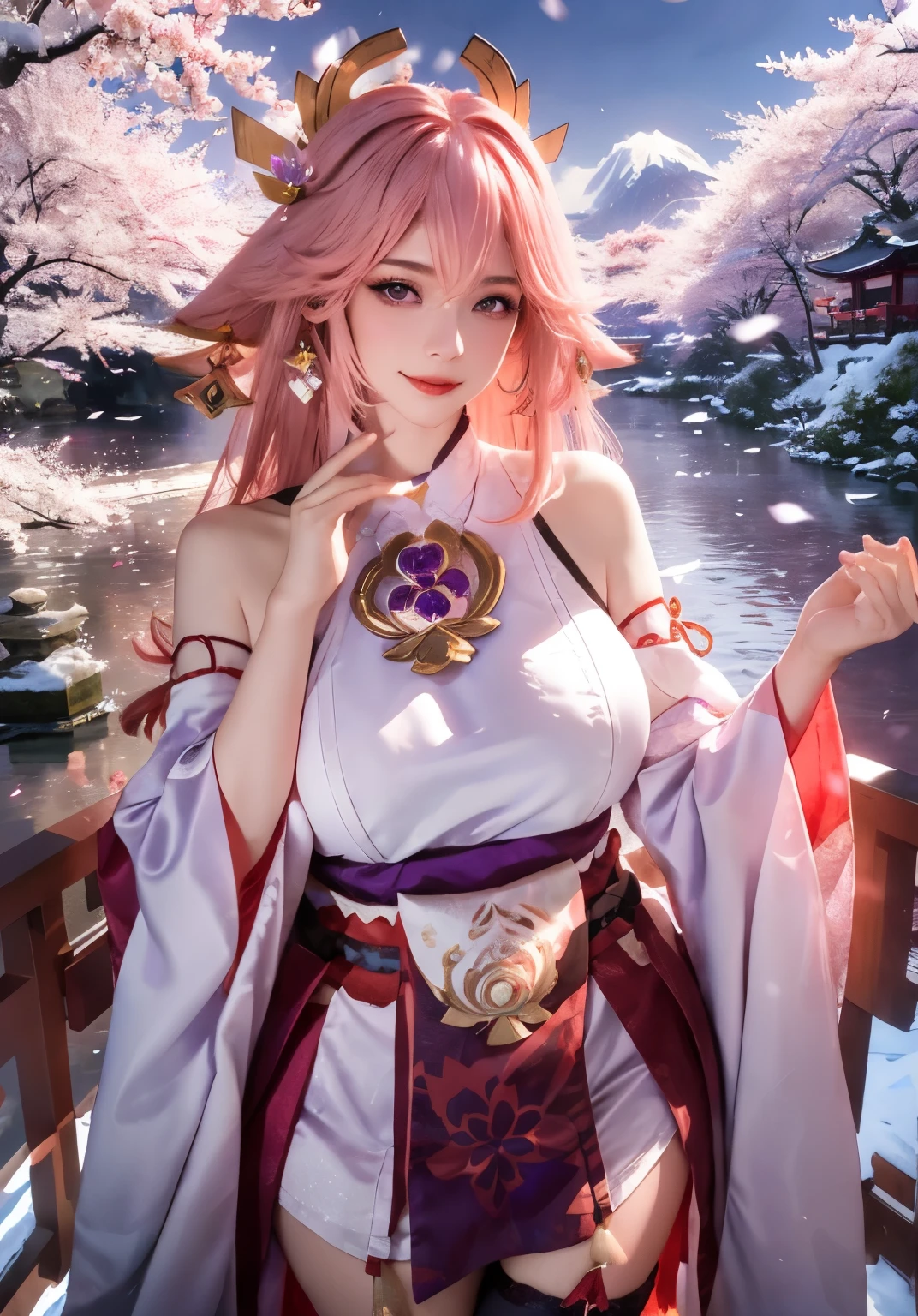 ((masterpiece, best quality)), (1girl),((mature female)), female focus, sexy, looking at viewer, bare shoulders, blush, closed mouth, fresh lips, seductive smile, detached sleeves, enchantingly hand pose, earrings, fingernails, fox ears, hair between eyes, hair bangs, pink hair, long hair, detailed realistic hair, symetrical hair ornament, japanese clothes, miko's clothes, detailed realistic clothes, jewelry, purple gemstone, detailed jewelry, short dumbbell neck, neck garter, plump breasts, breast cleavage, open skirt, see through stockings, smooth thighs cleavage, (garter thighs)!!, armpit, nontraditional miko, purple eyes, detailed eyes, (homochromatic eyes)!, cherry blossom, sidelocks, standing on the bridge, There are birds in the sky, There are butterflies, Snowy mountain in the background, magical flowers, river under the bridge, cherry blossoms, (snowstorm)!!, yae miko \(genshin impact\), (correct anatomically)!!