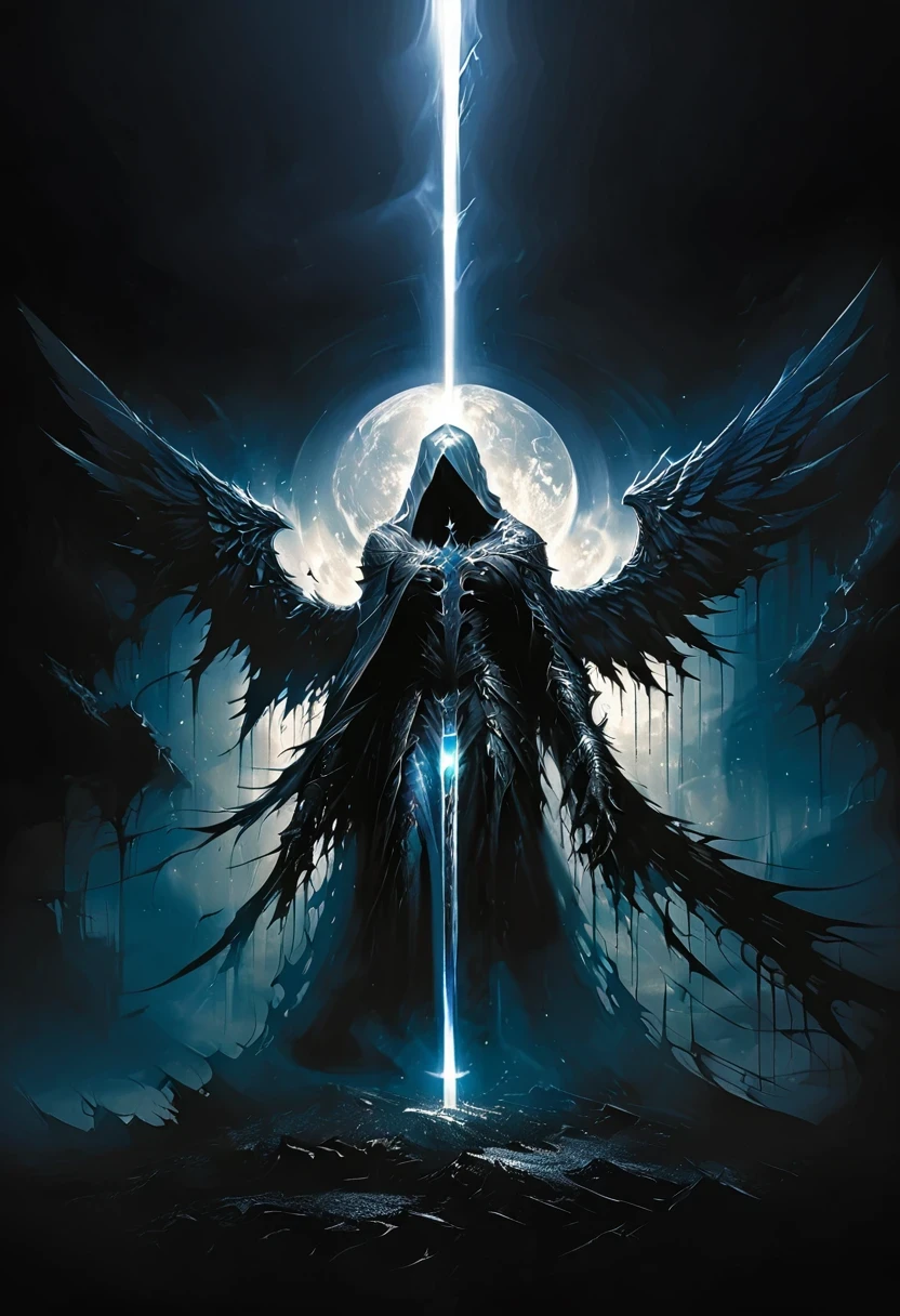 A dark angel with a sword in the middle of a dark sky - SeaArt AI